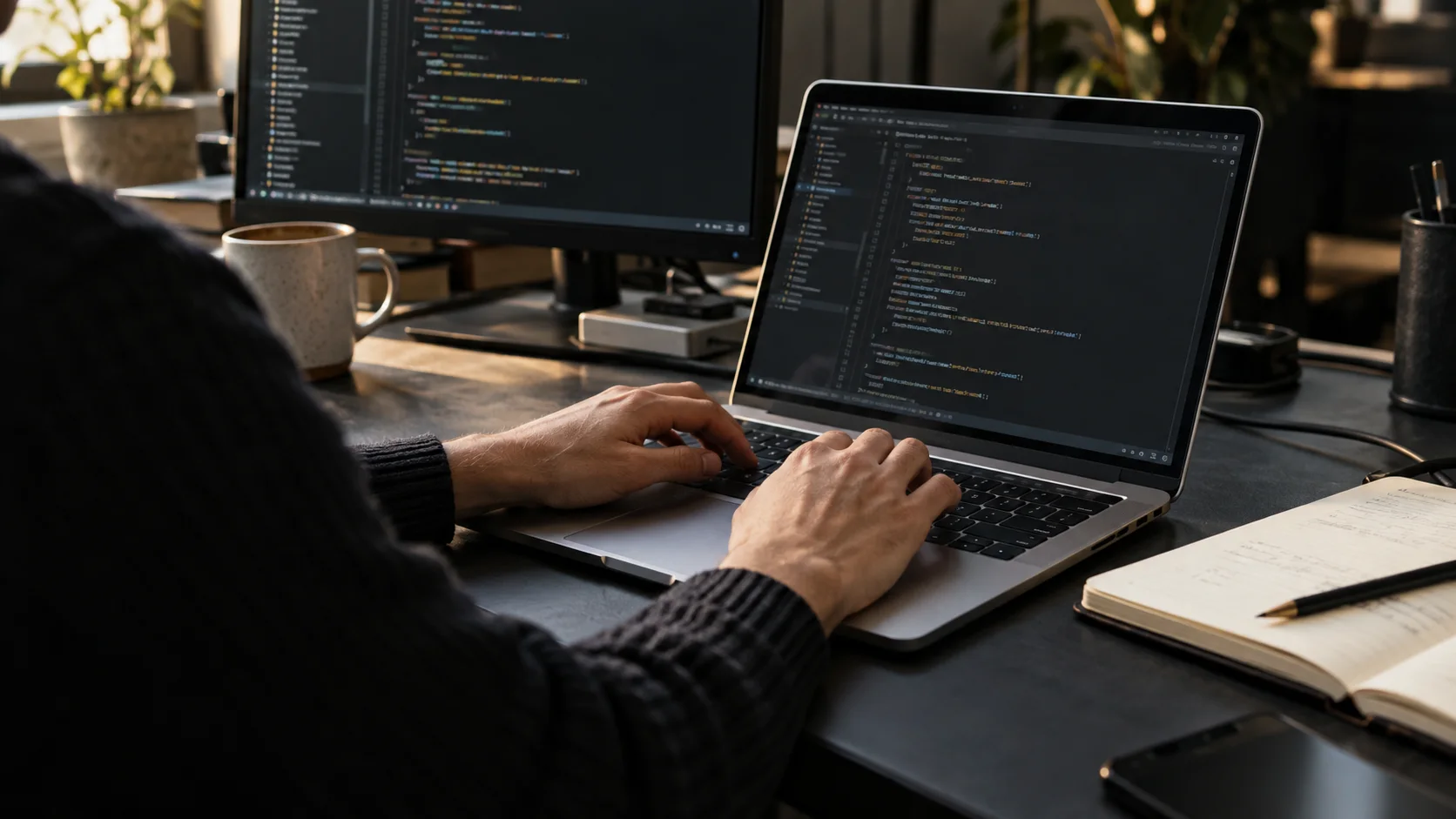 A developer working at a laptop beside a notebook. Editorial illustration for AI for the web illustrative workspace.