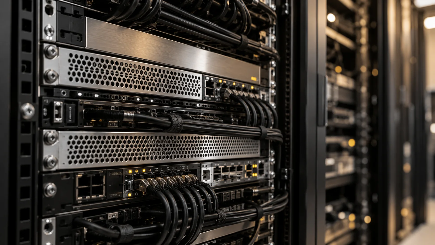 Silver server hardware with carefully routed black network cables. Editorial illustration for Webhook systems illustrative workspace.