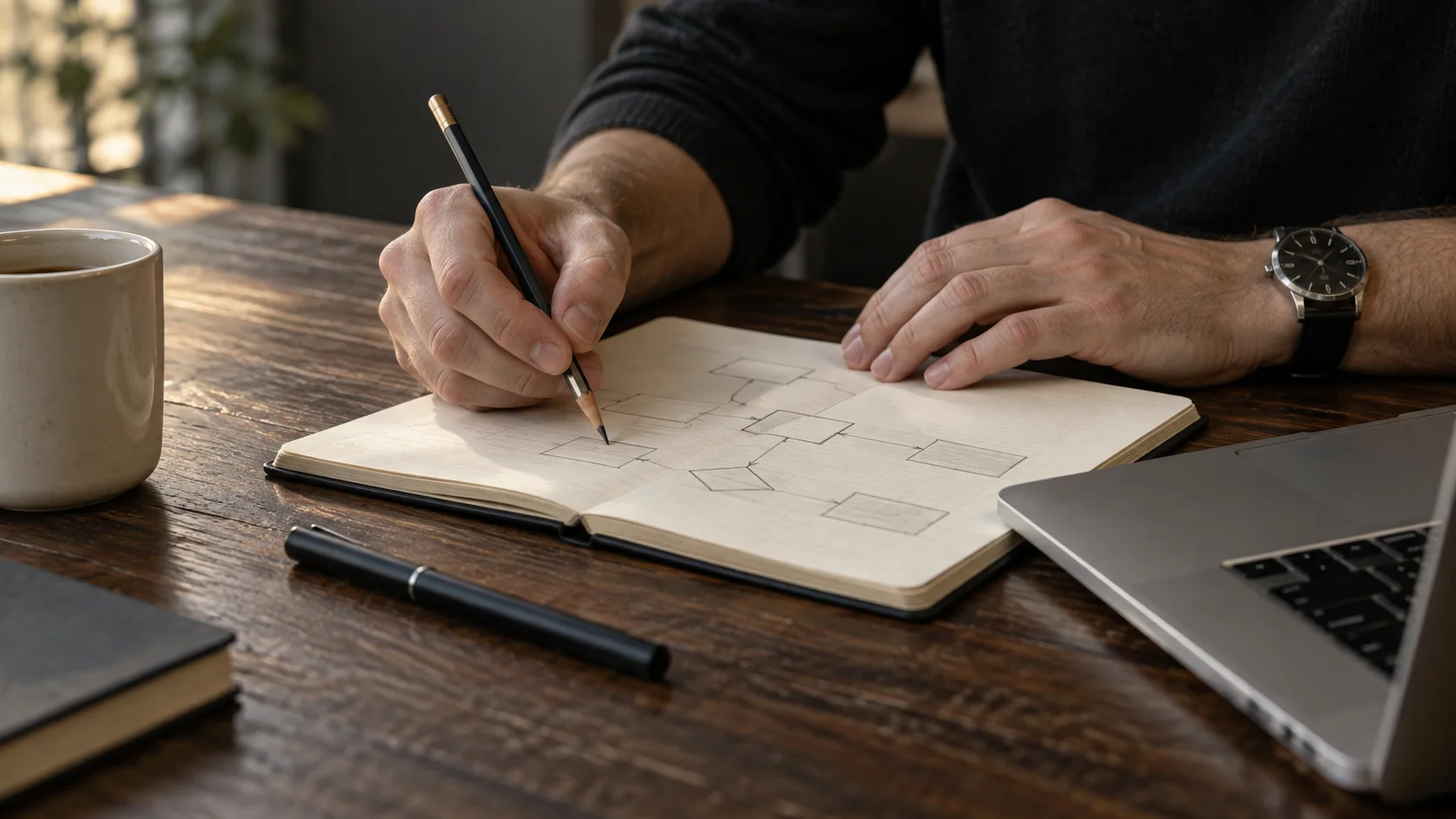 Hands sketching a connected workflow on ivory paper. Editorial illustration for Partner Portal concept illustration.